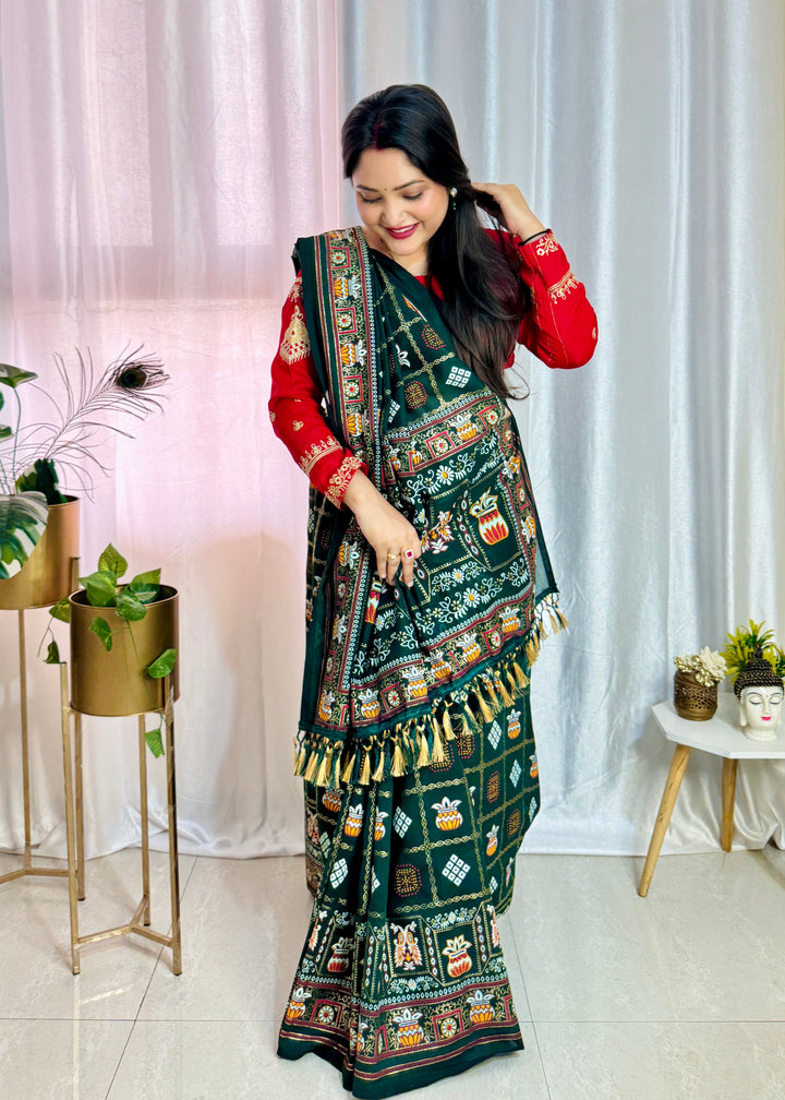 Green Colour Foil Print Traditional Patola Party Wear Saree