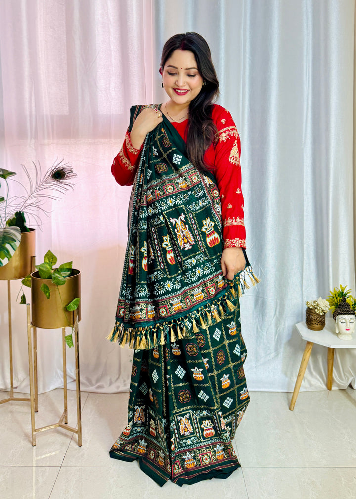 Green Colour Foil Print Traditional Patola Party Wear Saree