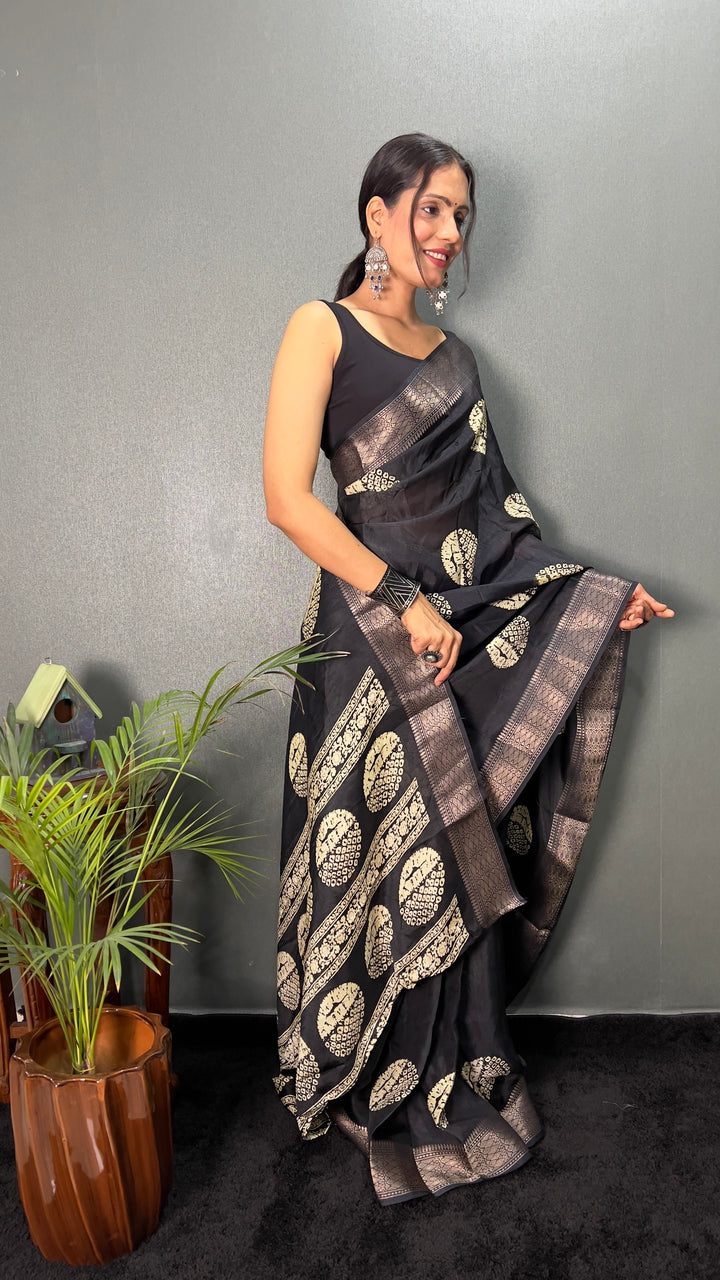 Black Color Soft Cotton Kalamkari Printed Saree With Beautiful Blouse