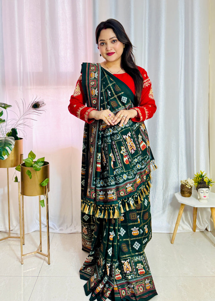 Green Colour Foil Print Traditional Patola Party Wear Saree