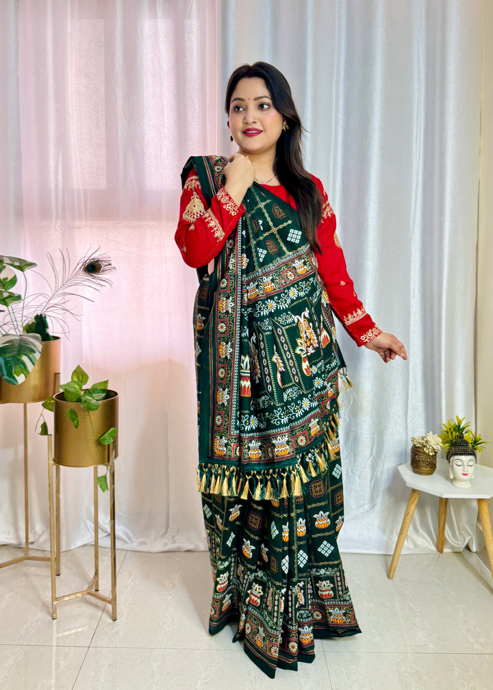 Green Colour Foil Print Traditional Patola Party Wear Saree