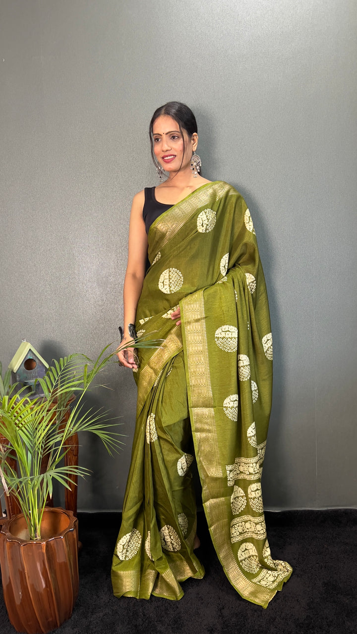Green Color Soft Cotton Kalamkari Printed Saree With Beautiful Blouse