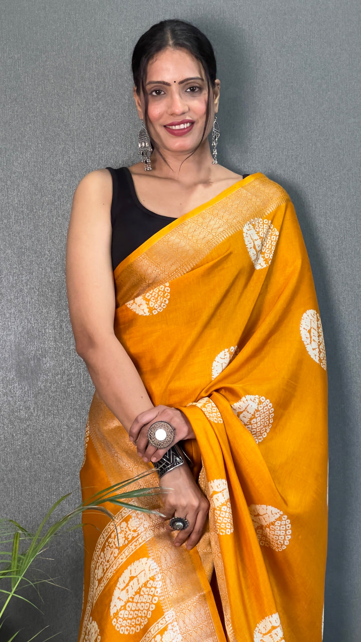 Yellow Color Soft Cotton Kalamkari Printed Saree With Beautiful Blouse