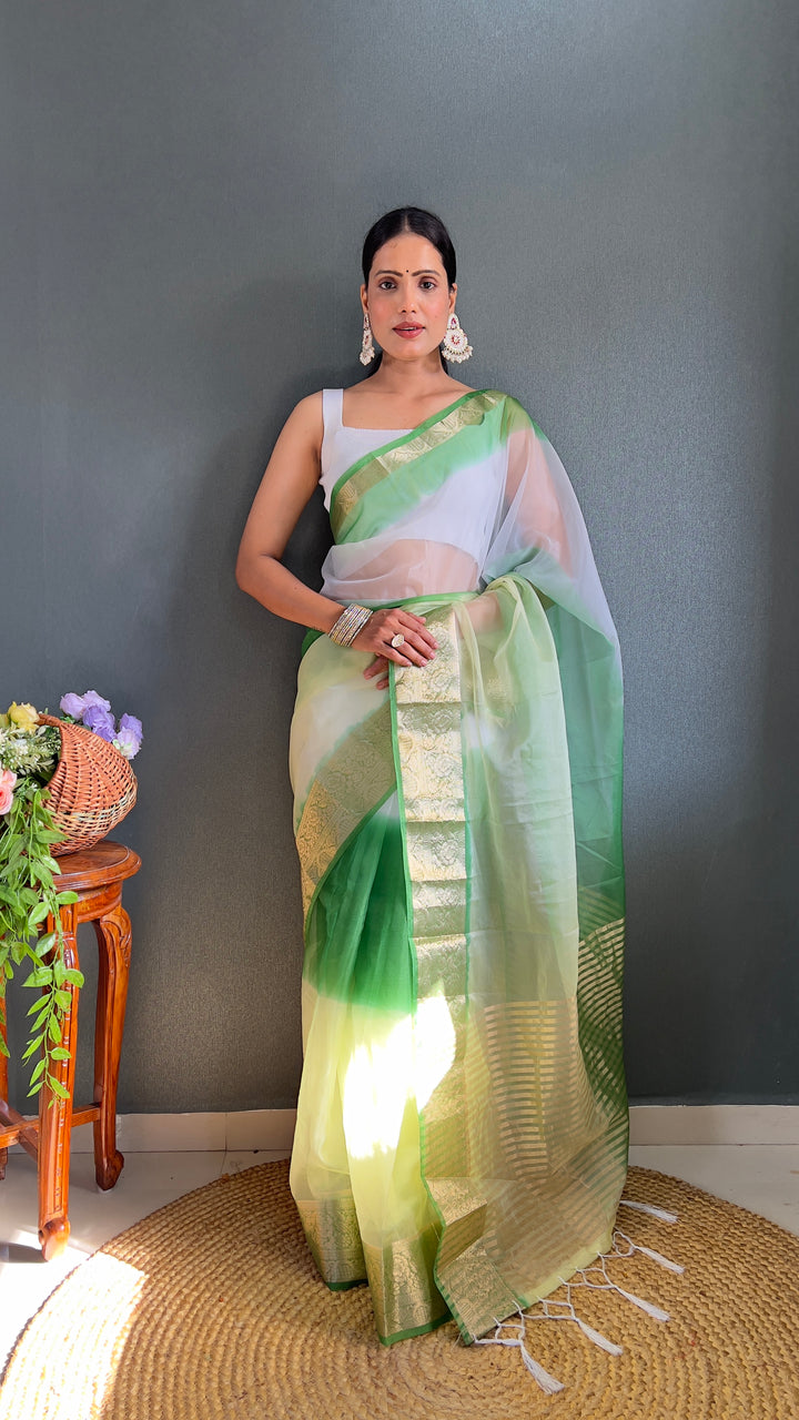 White-Green Color Kanjivaram Organza Saree Zari Weaving Work With Unstitched Blouse Piece