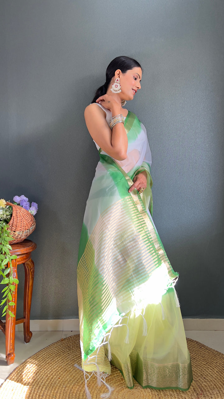White-Green Color Kanjivaram Organza Saree Zari Weaving Work With Unstitched Blouse Piece