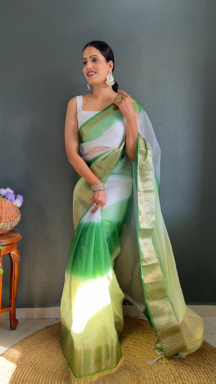 White-Green Color Kanjivaram Organza Saree Zari Weaving Work With Unstitched Blouse Piece