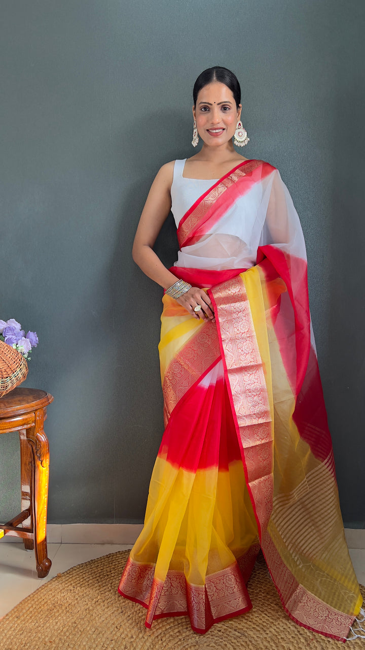 White-Red Color Kanjivaram Organza Saree Zari Weaving Work With Unstitched Blouse Piece
