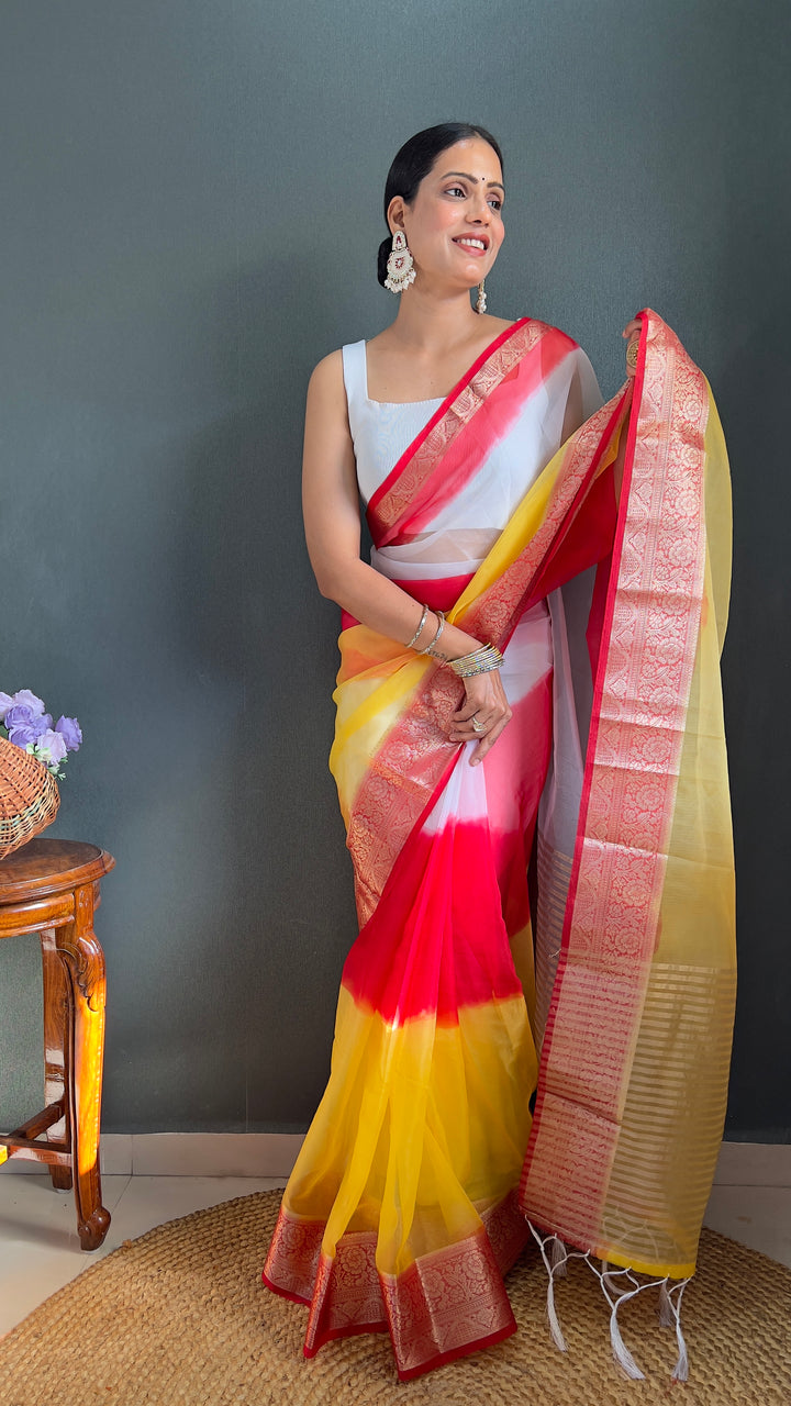 White-Red Color Kanjivaram Organza Saree Zari Weaving Work With Unstitched Blouse Piece