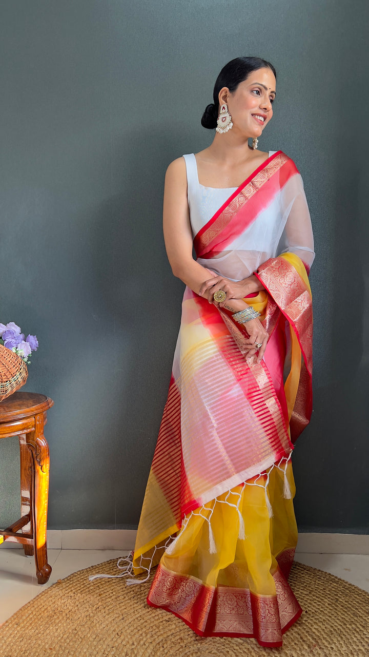 White-Red Color Kanjivaram Organza Saree Zari Weaving Work With Unstitched Blouse Piece