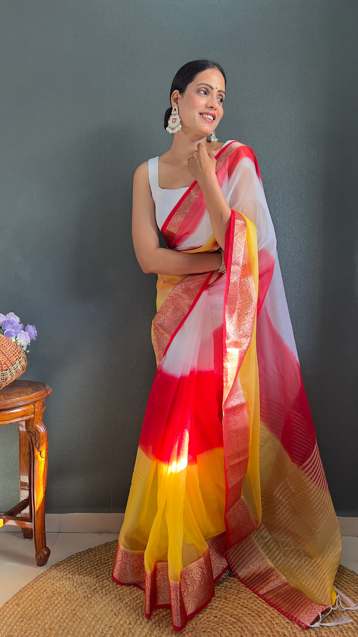 White-Red Color Kanjivaram Organza Saree Zari Weaving Work With Unstitched Blouse Piece