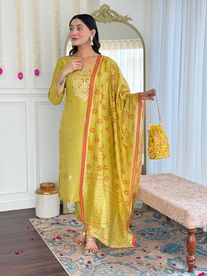 Mehndi Green Color Viscose Chanderi Embroidered Kurta with Pant And Dupatta Sets