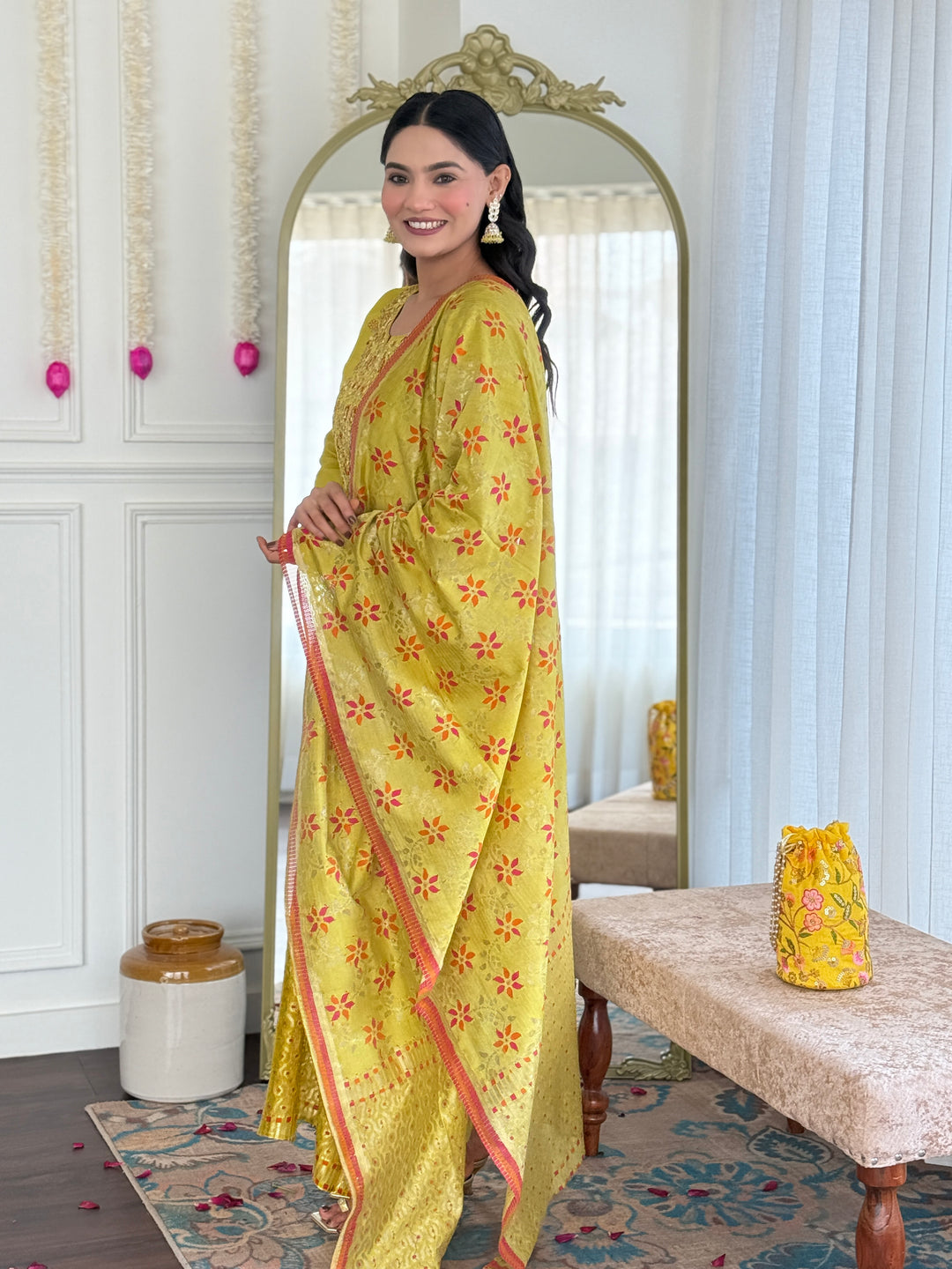 Mehndi Green Color Viscose Chanderi Embroidered Kurta with Pant And Dupatta Sets