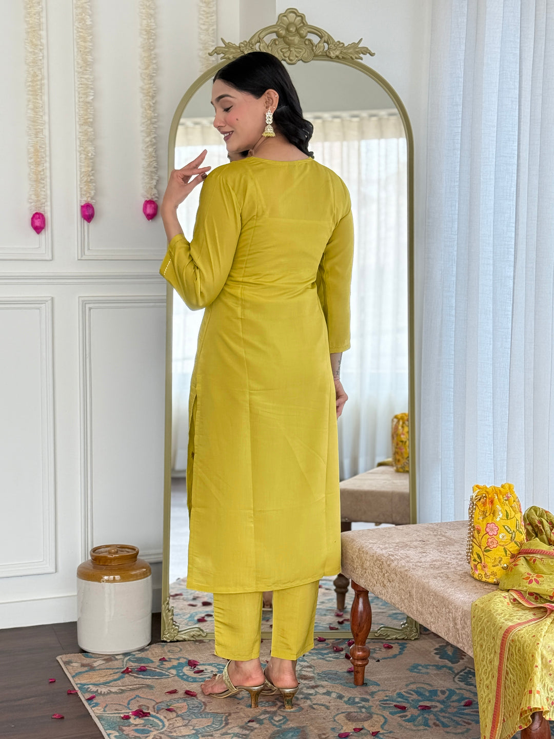 Mehndi Green Color Viscose Chanderi Embroidered Kurta with Pant And Dupatta Sets