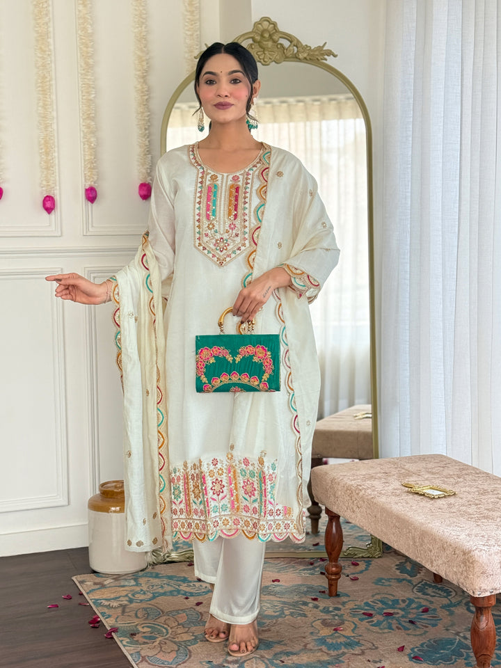 Off White Color Viscose Chanderi Embroidered Kurta with Pant And Dupatta Sets
