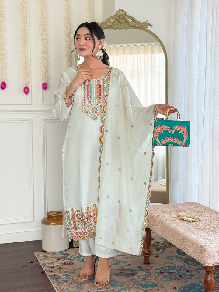 Off White Color Viscose Chanderi Embroidered Kurta with Pant And Dupatta Sets