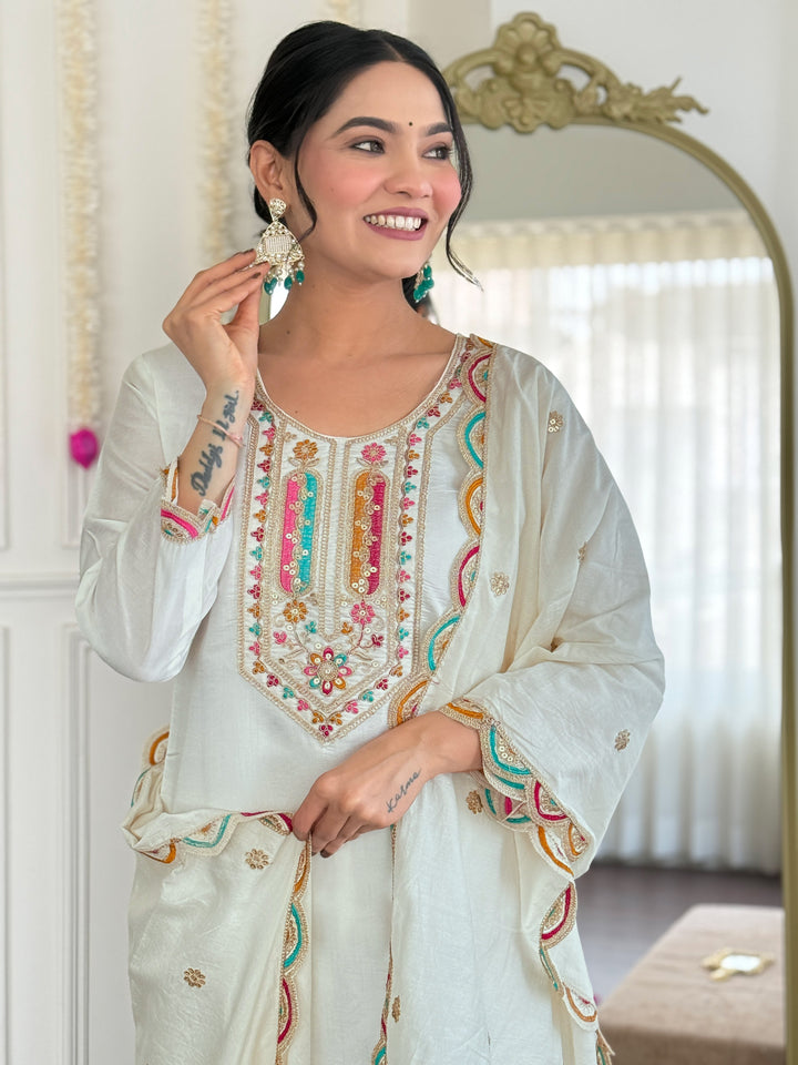 Off White Color Viscose Chanderi Embroidered Kurta with Pant And Dupatta Sets