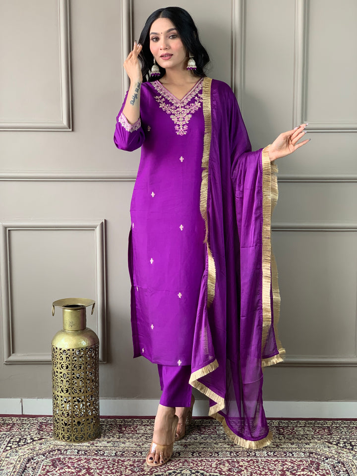 Purple Color Viscose Chanderi Embroidered Straight Kurta with Pant And Dupatta Sets