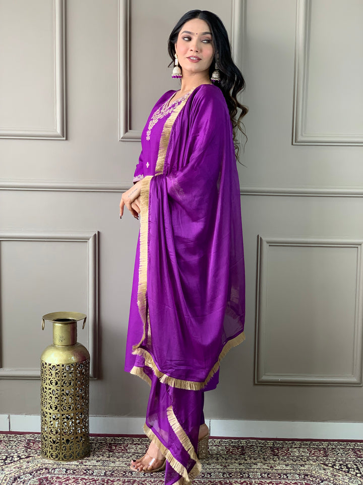 Purple Color Viscose Chanderi Embroidered Straight Kurta with Pant And Dupatta Sets
