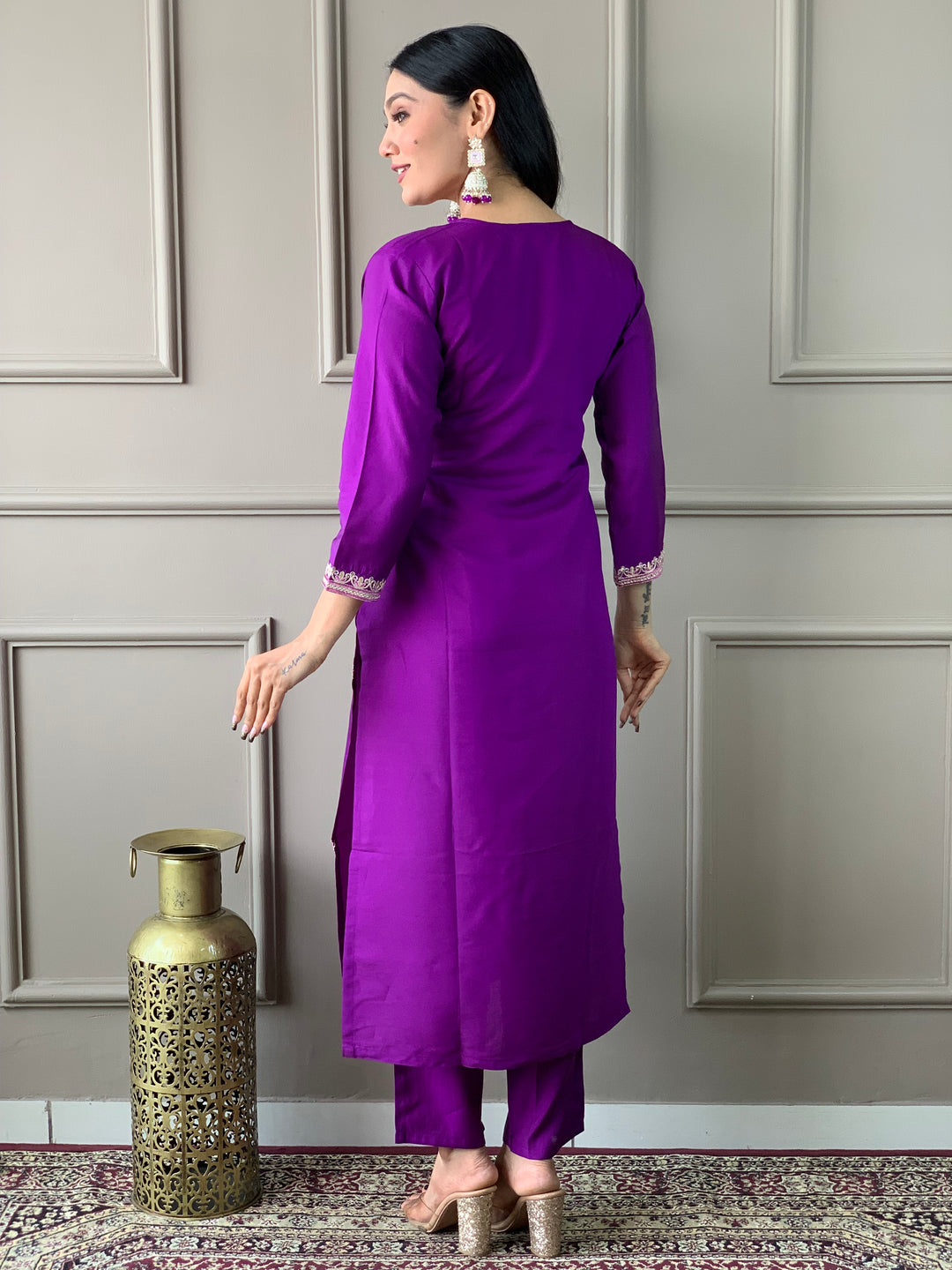 Purple Color Viscose Chanderi Embroidered Straight Kurta with Pant And Dupatta Sets