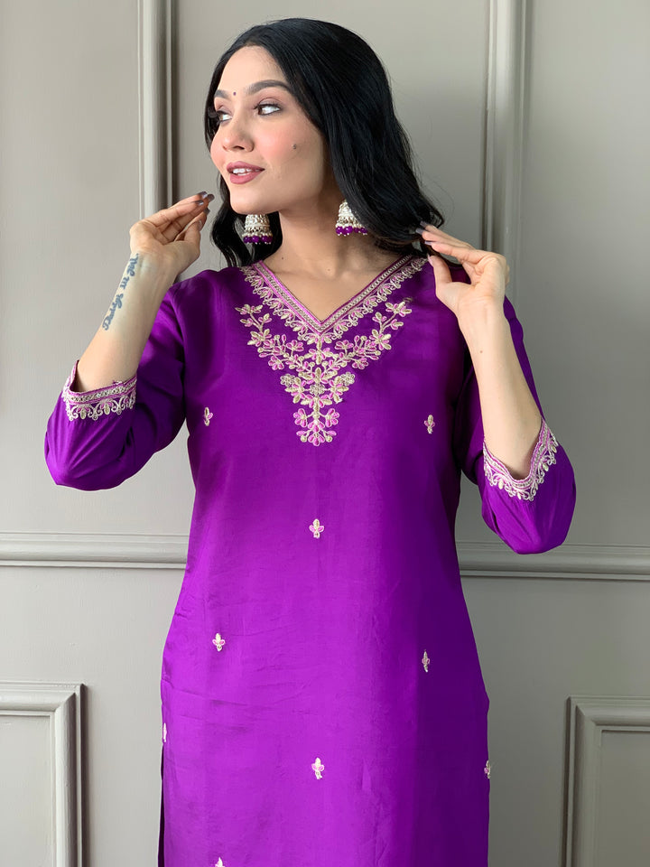 Purple Color Viscose Chanderi Embroidered Straight Kurta with Pant And Dupatta Sets