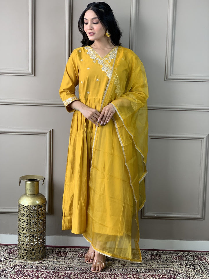 Yellow Color Viscose Chanderi Embroidered Straight Kurta with Pant And Dupatta Sets