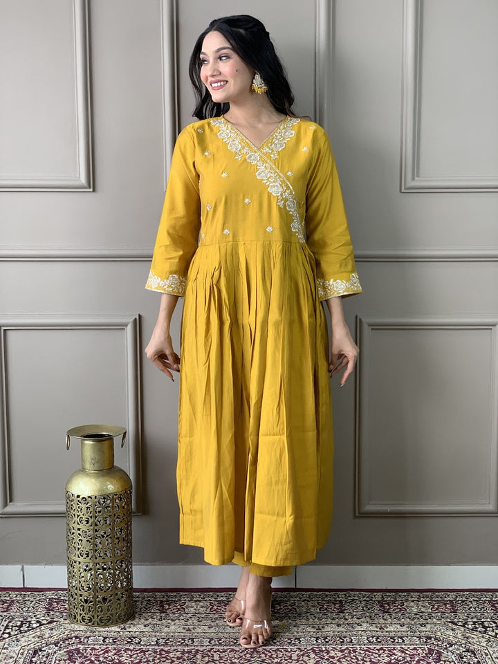 Yellow Color Viscose Chanderi Embroidered Straight Kurta with Pant And Dupatta Sets