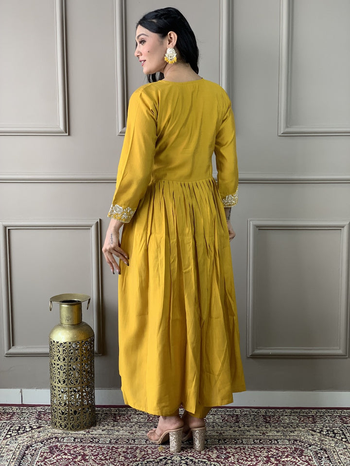 Yellow Color Viscose Chanderi Embroidered Straight Kurta with Pant And Dupatta Sets