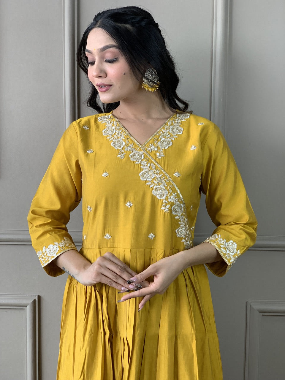 Yellow Color Viscose Chanderi Embroidered Straight Kurta with Pant And Dupatta Sets