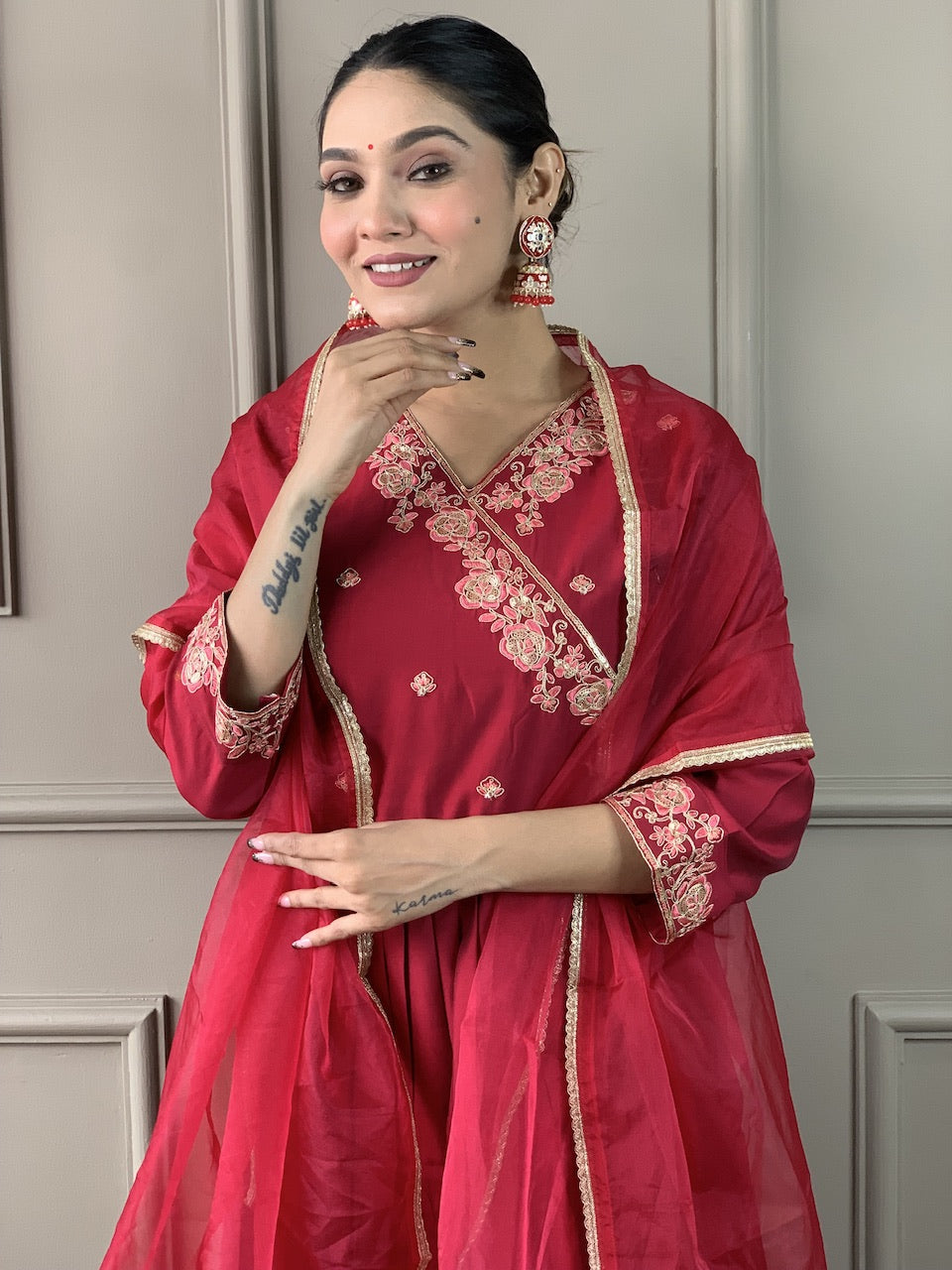 Red Color Viscose Chanderi Embroidered Straight Kurta with Pant And Dupatta Sets