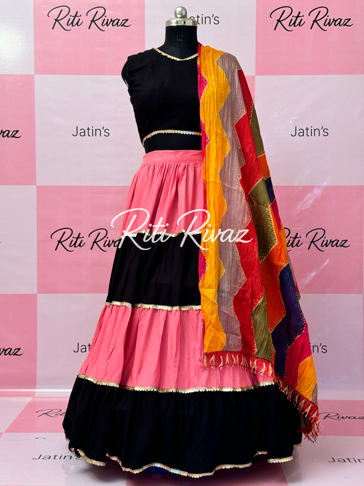 Pink and Black Rayon Traditional Navratri Lehenga Choli