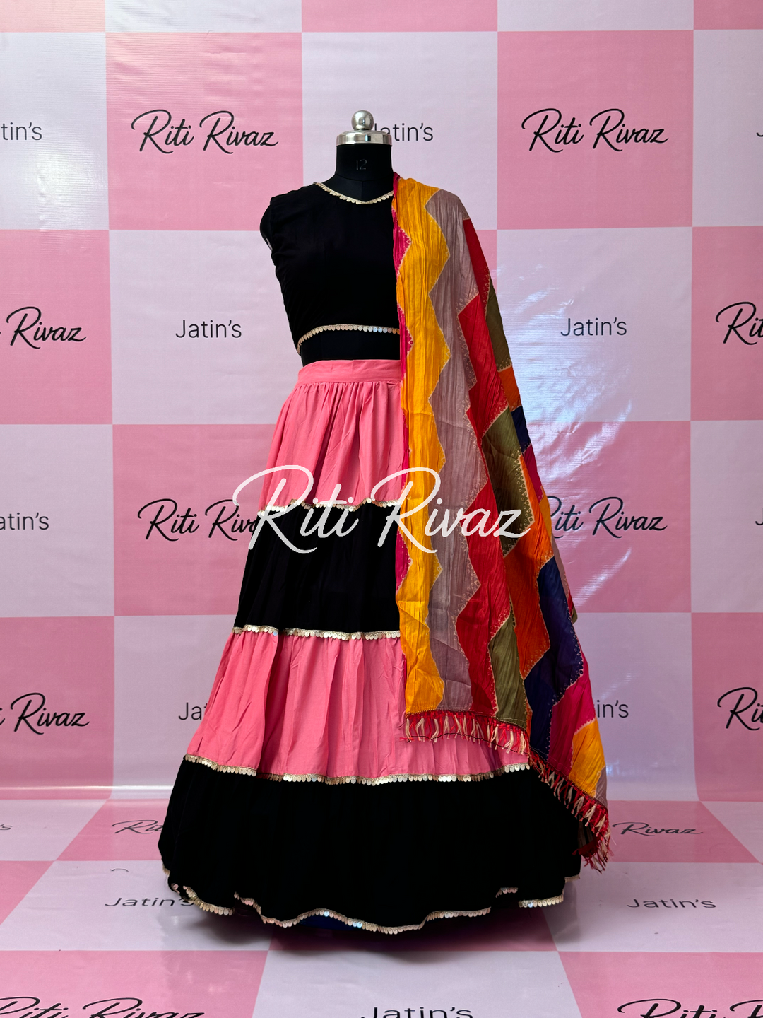 Pink and Black Rayon Traditional Navratri Lehenga Choli