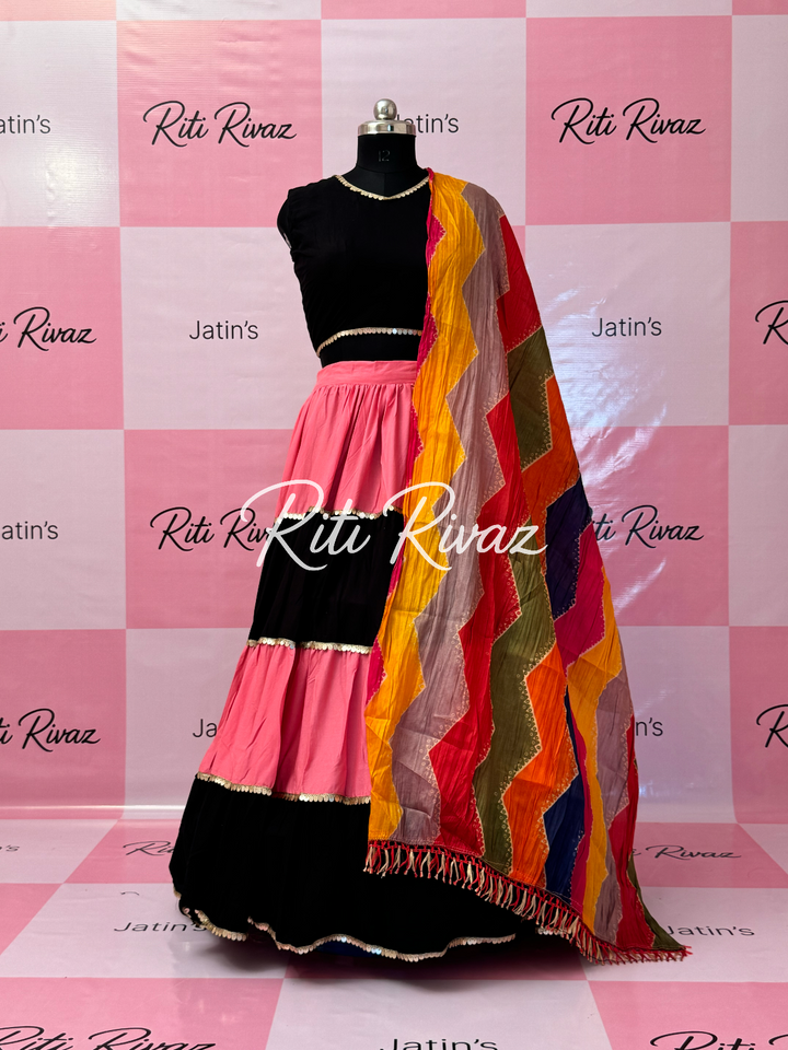 Pink and Black Rayon Traditional Navratri Lehenga Choli