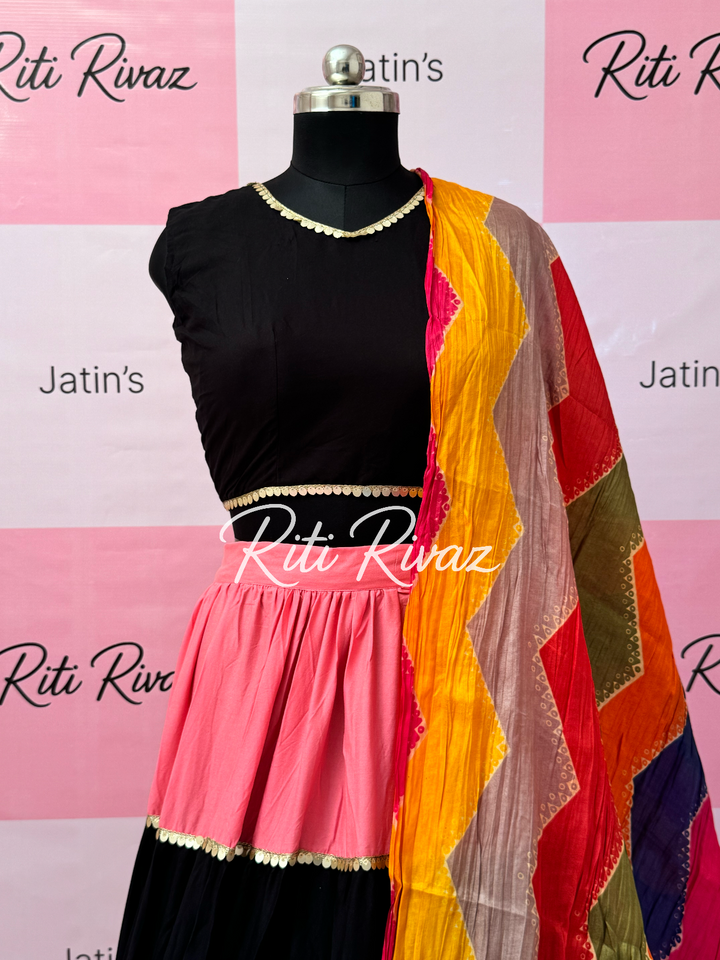 Pink and Black Rayon Traditional Navratri Lehenga Choli