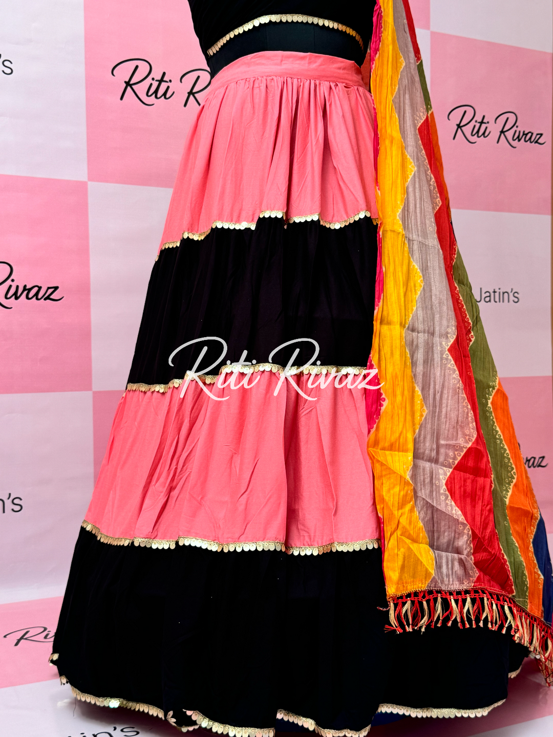 Pink and Black Rayon Traditional Navratri Lehenga Choli