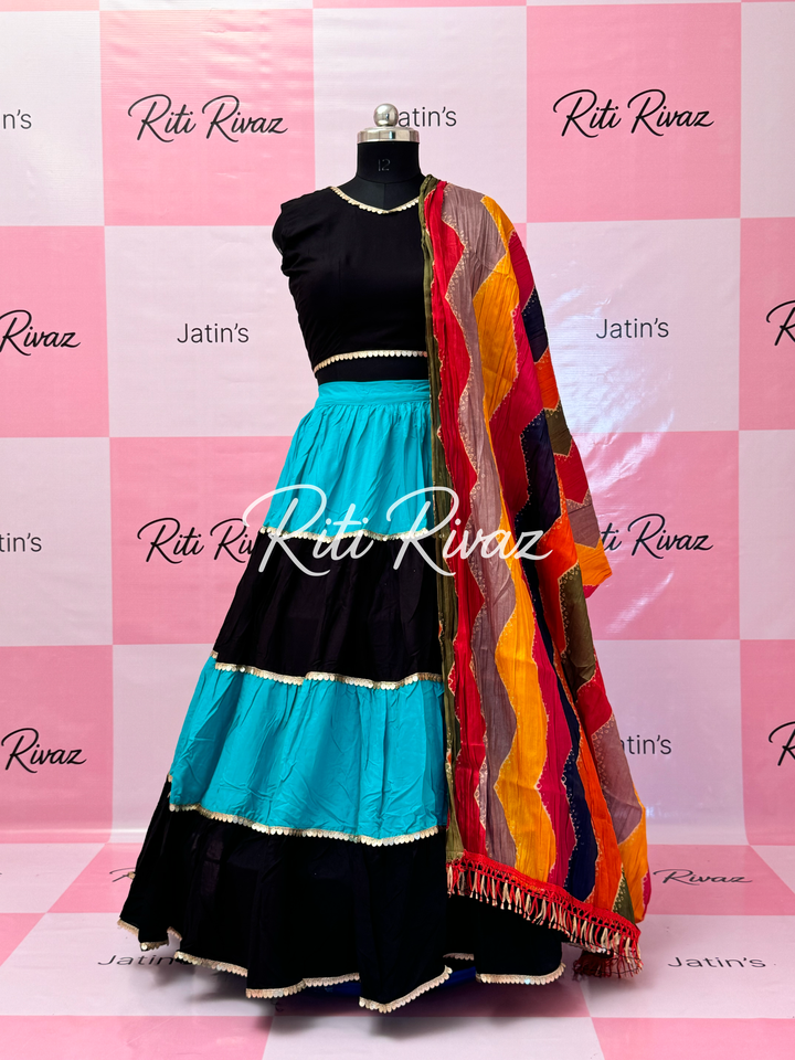 Turquoise and Black Rayon Traditional Navratri Lehenga Choli