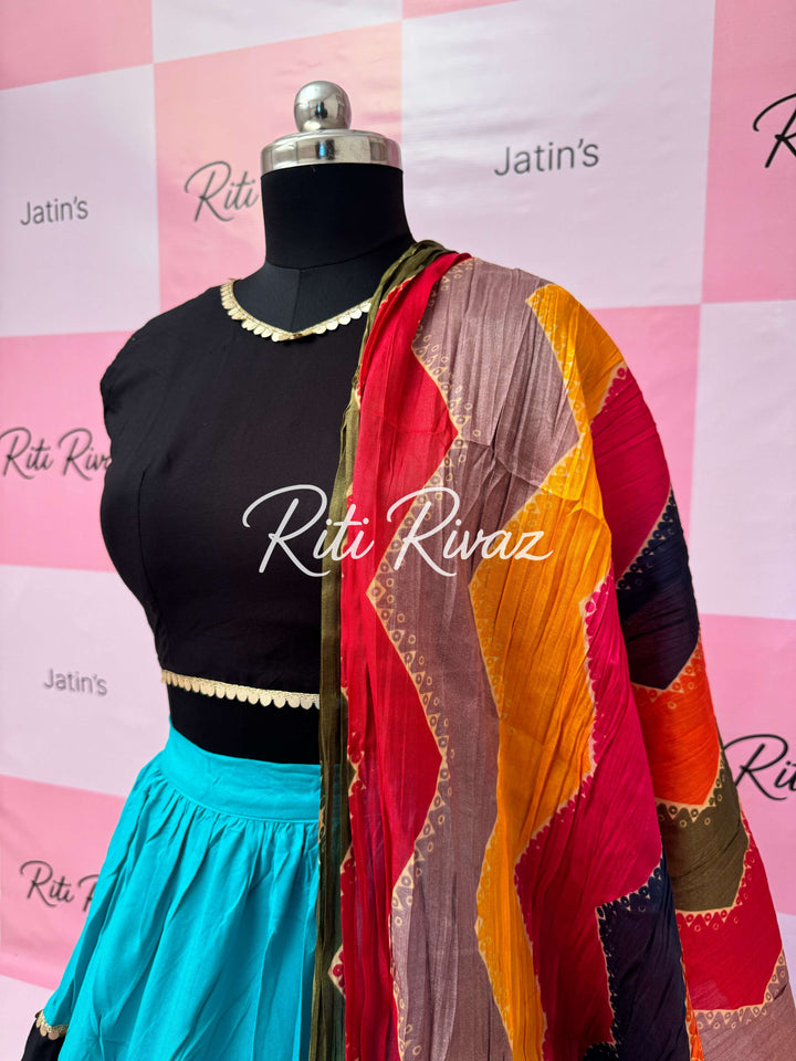 Turquoise and Black Rayon Traditional Navratri Lehenga Choli