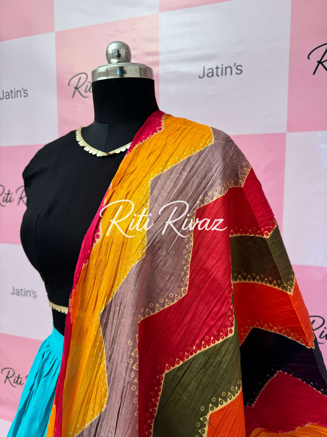 Turquoise and Black Rayon Traditional Navratri Lehenga Choli