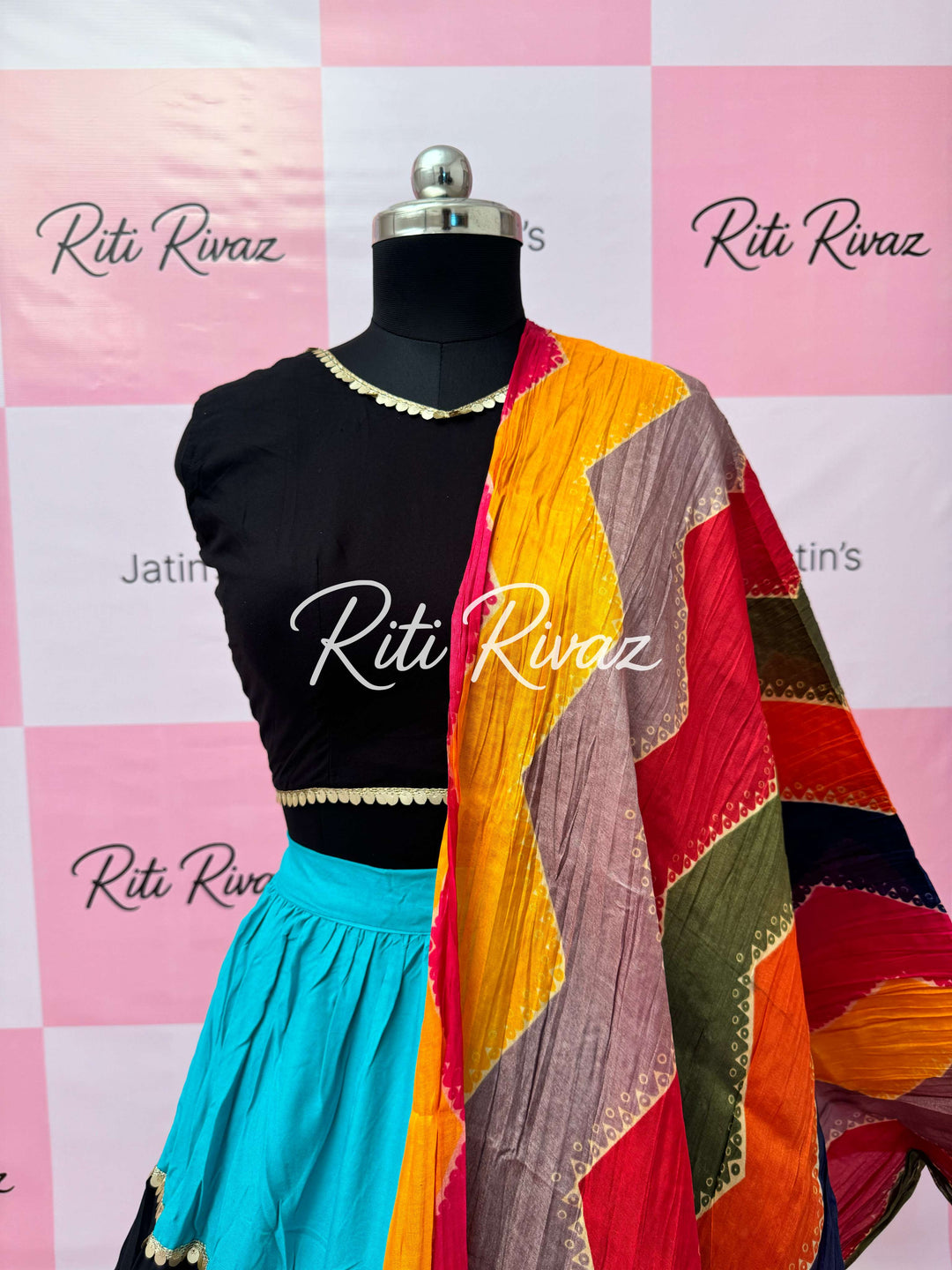 Turquoise and Black Rayon Traditional Navratri Lehenga Choli
