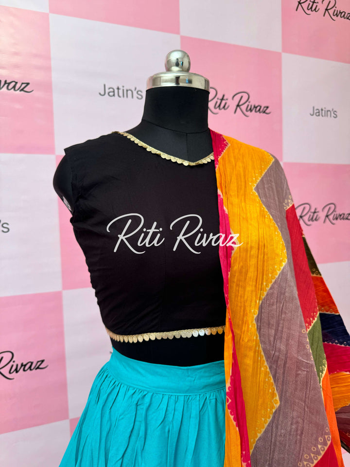 Turquoise and Black Rayon Traditional Navratri Lehenga Choli
