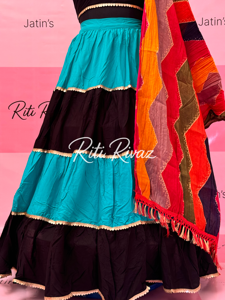 Turquoise and Black Rayon Traditional Navratri Lehenga Choli