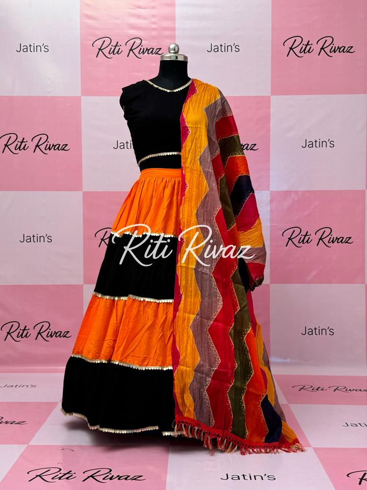 Orange and Black Rayon Traditional Navratri Lehenga Choli