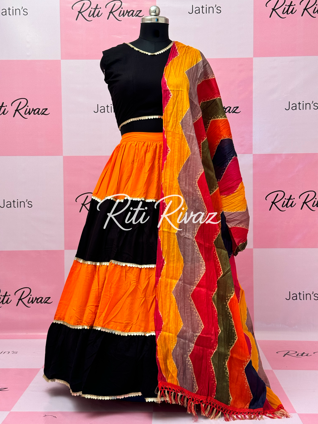 Orange and Black Rayon Traditional Navratri Lehenga Choli