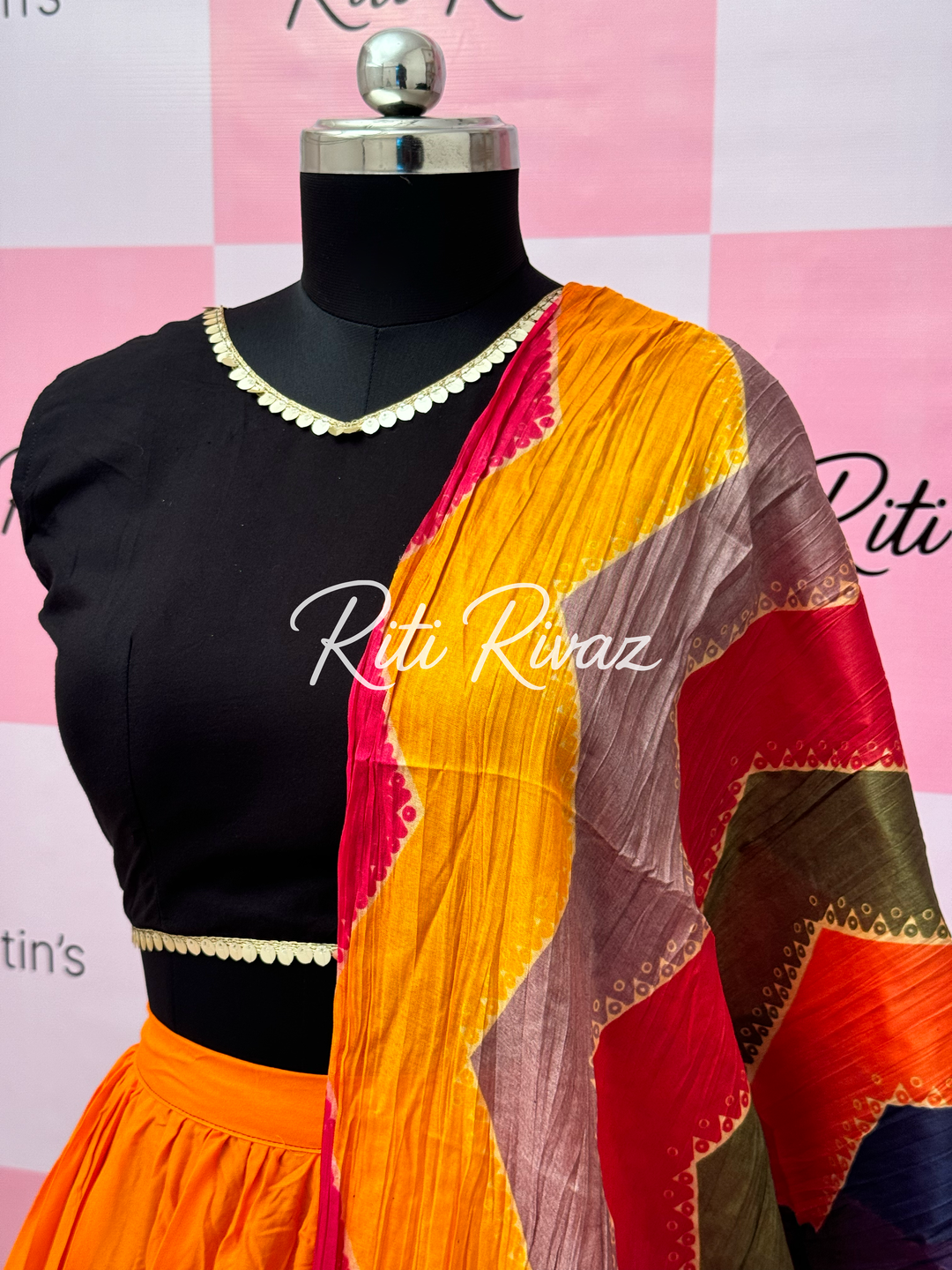 Orange and Black Rayon Traditional Navratri Lehenga Choli