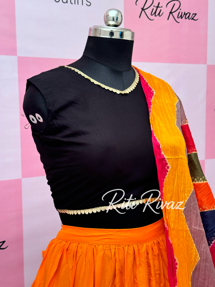 Orange and Black Rayon Traditional Navratri Lehenga Choli