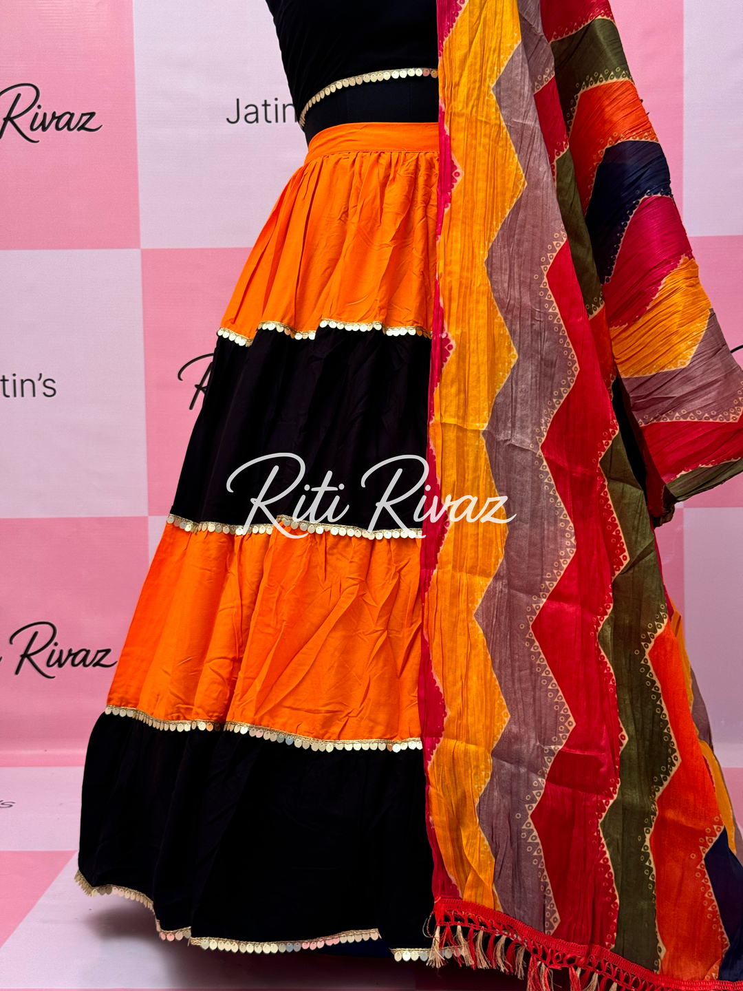 Orange and Black Rayon Traditional Navratri Lehenga Choli