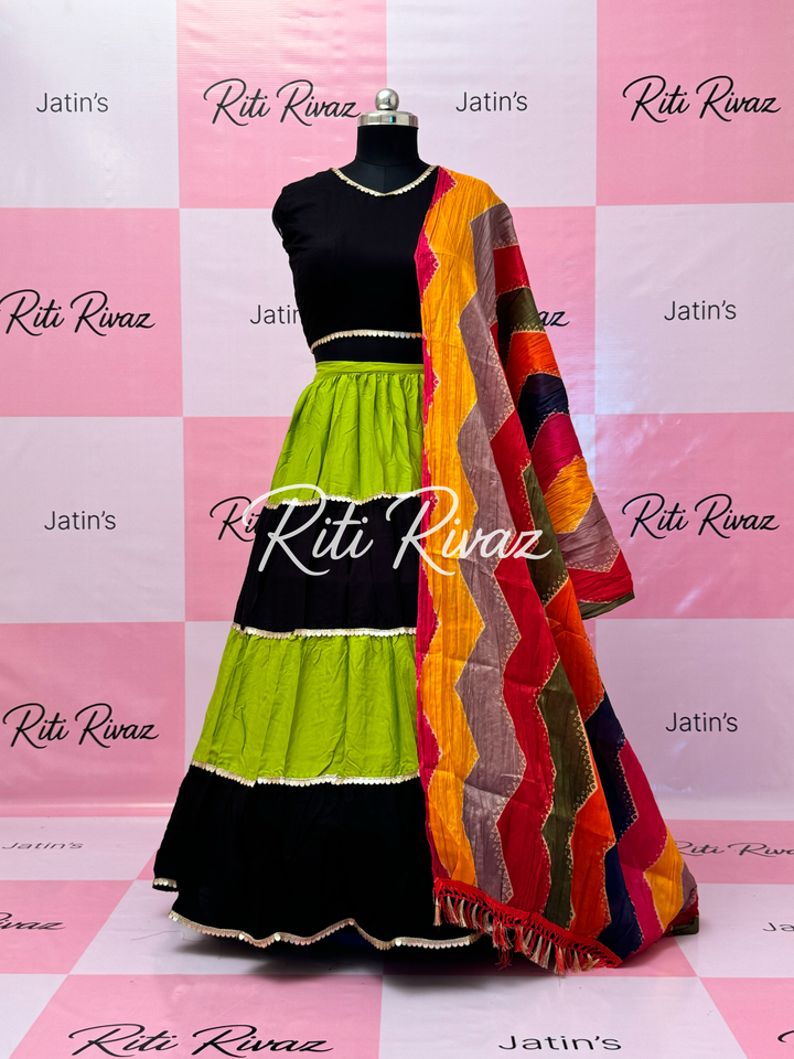 Parrot Green and Black Rayon Traditional Navratri Lehenga Choli