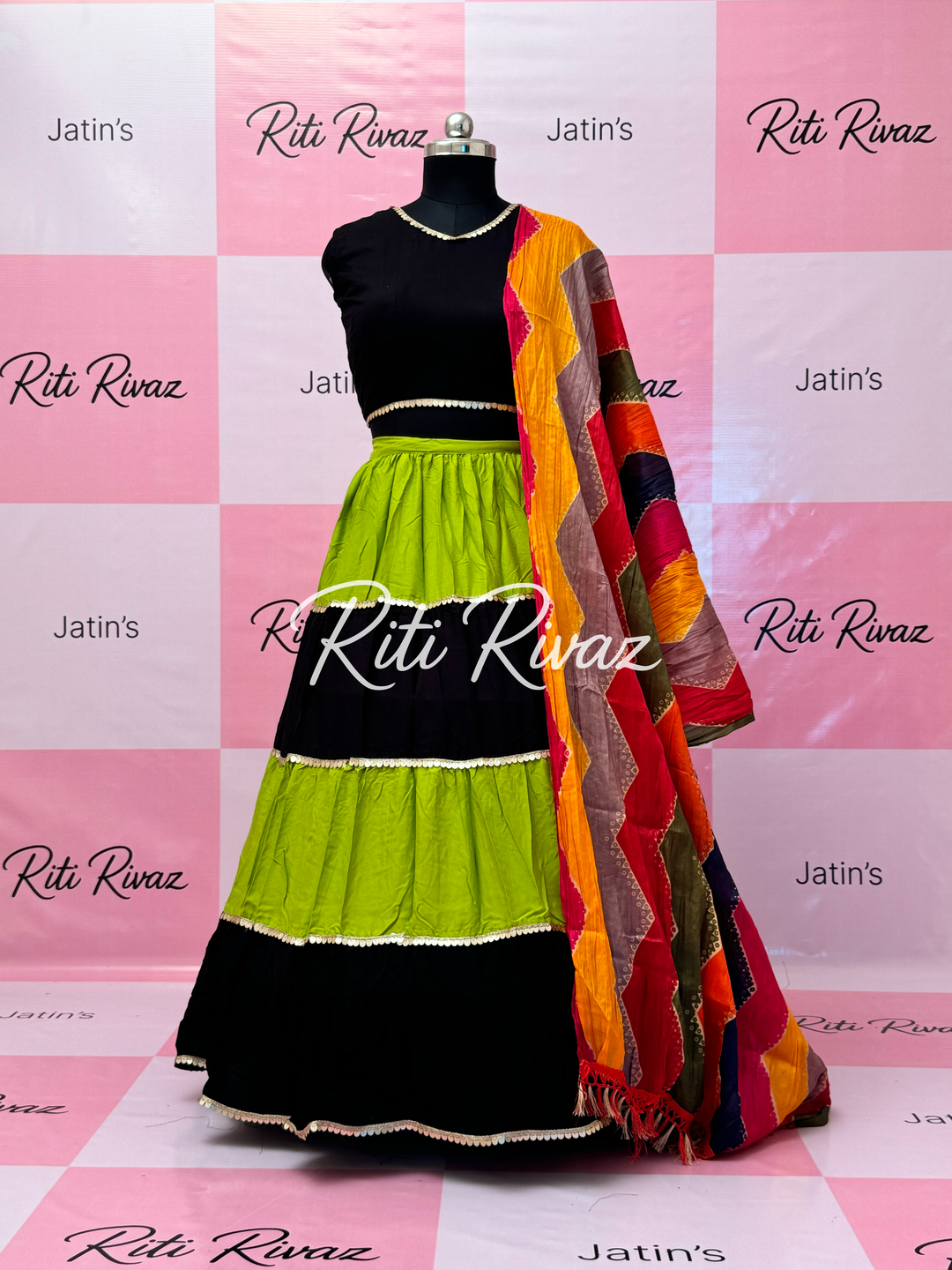 Parrot Green and Black Rayon Traditional Navratri Lehenga Choli