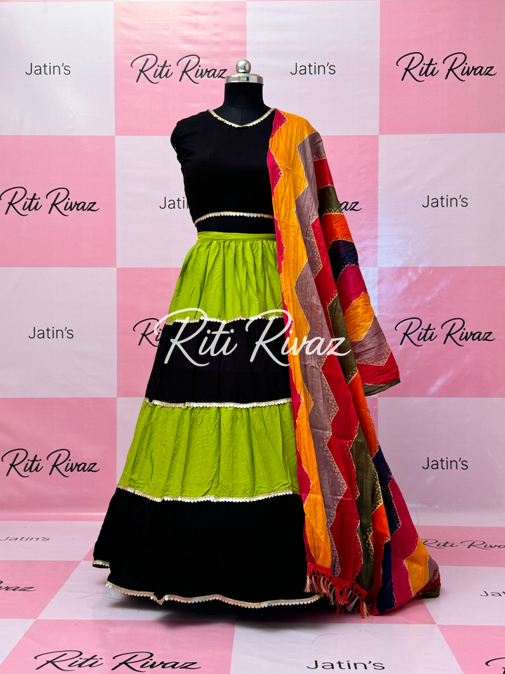Parrot Green and Black Rayon Traditional Navratri Lehenga Choli