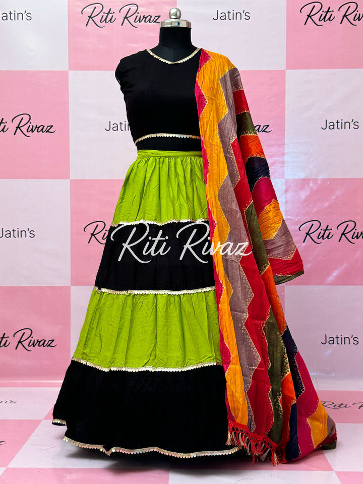 Parrot Green and Black Rayon Traditional Navratri Lehenga Choli