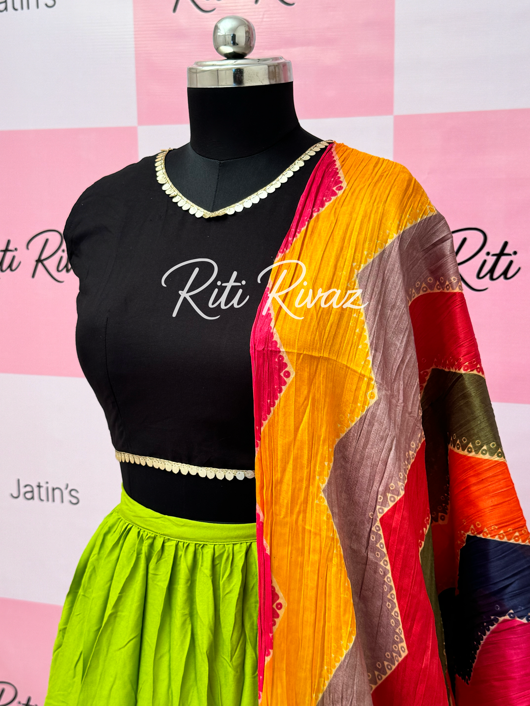Parrot Green and Black Rayon Traditional Navratri Lehenga Choli